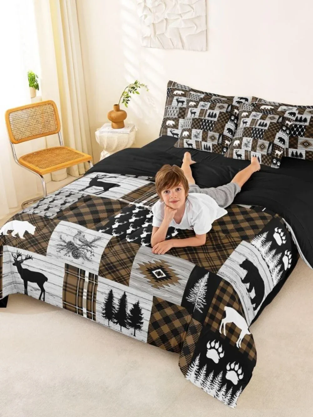 Brown Cabin King Size Comforter Set with Sheets Patchwork Rustic Bedding Set 7 P